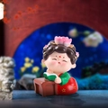 Cute Siamese cat girl figurine in red and green ancient costume reading at a brown desk - L / Reading Style (1056-1D) / Red and Green