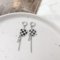 Checkered heart drop earrings with elegant silver chain tassels in a modern design - Black Checkerboard Tassel Hoops