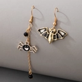 Asymmetric Halloween earrings with black enamel spider long chain and bat stud - Spider & Bat Asymmetric