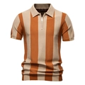 Detail of knitted men's polo shirt featuring orange and beige stripes and a half-zipper collar - M / Khaki/Earth Yellow