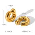 Detail view of gold stainless steel C-shaped ball earrings with precise size measurements - Gold Thick Style (HC-E10438)