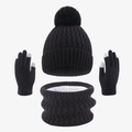 Close-up of black knit winter set showing fleece lining and touch screen glove tips - One Size / Black