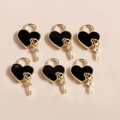 Golden heart padlock and key pendants with black enamel and rhinestones for DIY jewelry - Black
