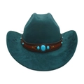 Ethnic style turquoise western cowboy hat with brown leather band and gemstone accents - One Size / Dark Green