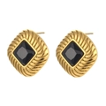Retro 18K gold plated stainless steel stud earrings with black square zircon stones - Black