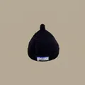 Winter knit pointed baby beanie in black with a blue lettered label and ear protection - Leather-labeled Nipple Black (2 Months - 2 Years)