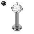 G23 titanium flat back labret with 4mm clear round cubic zirconia prong setting - 1.2x8mm / Silver Base With 4mm White Zirconia
