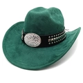 Classic dark green suede western cowboy hat with studded leather band and rhinestone buckle - M (56-58cm) / Dark Green