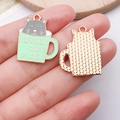 Enamel cat coffee cup charm in light green and gold for DIY jewelry making - Green Cup Grey Cat