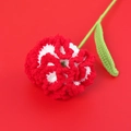 Close-up of red and white handmade crochet carnation with green stem and leaf detailing - Finished Carnation Stems (gradient Red)