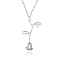 Elegant silver rose flower pendant necklace with two leaves on a reflective white background - Rose Necklace (Bright Silver 6742)