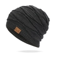 Bonnet en maille gris foncé avec texture ondulée et étiquette en cuir pour l'hiver - Taille unique / Noir