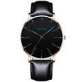 Minimalist men's quartz watch with black leather strap, rose gold case and blue markers - Leather Strap Rose Gold Case Hands