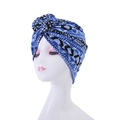Detail of the vintage knotted turban featuring dark blue and geometric print textures - Style 6-Dark Blue Black White Geometric Knot