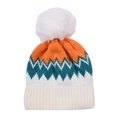 Three-tone knit beanie in orange, teal, and white with a large fluffy faux fur pompom - Orange-Adult