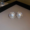 Elegant gold plated oval pearl earrings with double-layered sparkling rhinestone halo - Gold Plated Diamond Halo Round Pearl (Silver Earring Post)