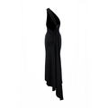 Detail of black one-shoulder dress showing elegant ruched back and long flowing sash detail - S / Black