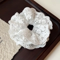 White double-layered lace hair scrunchie with floral embroidery on wooden tray - Q550 White Lace Floral