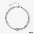 Polished stainless steel beaded bracelet with a zircon heart pendant and lobster clasp - Silver Heart Zirconia Metal Bead Stainless Steel Bracelet (B175)