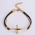 Pulsera minimalista de cruz dorada con cordón trenzado negro y cadena de metal ajustable - Dorado