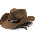 Dark brown straw cowboy hat with metallic studs and adjustable chin strap - M (56-58cm) / Coffee