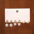 Three pairs set of vintage pearl and rhinestone geometric earrings in gold finish - 6 Pairs Set (S925 Sterling Silver Pin) / White