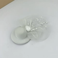 White vintage mini top hat with mesh veil, pearls and bow detail for party attire - White With Built-in Clip