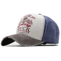 Detail of distressed brim and Ghost Rider graphics on washed cotton baseball cap - Coffee Patchwork (JX-B507)