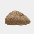 Detail of chunky cable knit texture on a khaki brown winter beret hat - One Size / Khaki