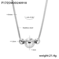 Silver stainless steel double layer necklace with three smooth beads and snake chain - P1705 Steel Color Triple Beads Necklace