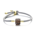 Bracelet tressé gris réglable avec métal doré et pierre précieuse facettée brun foncé - Quartz Fumé / Corde Grise
