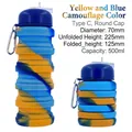 Collapsible camo silicone sports bottle in blue and yellow with carabiner, 500ml - Round Cap/Yellow Blue Camo