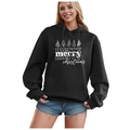 Black Christmas hoodie for women with white merry merry merry christmas tree print - S / Tops / Black