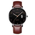 Men's luminous quartz business watch with brown leather strap and black round dial - Black Dial Rose Gold Hands Black Case Brown Leather Strap