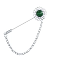 Silver lapel pin with green gemstone and floral crystal halo featuring a long chain design - Green (Silver Base)