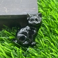 Detail of a 1.2-inch black natural stone cat figurine on green grass with a wooden backdrop - Obsidian