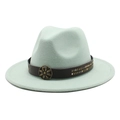 Close-up of mint green felt fedora featuring a vintage floral buckle and metal rivets - Mint Green