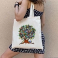 White canvas tote bag with colorful Greek Evil Eye graffiti print worn on shoulder - STD1804-P Colorful Decorative Tree Eye