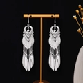 Silver Bohemian long fringe earrings with hollow round disc and leaf tassels for women - Hollow Disc Leaf Tassel Style E6122-1
