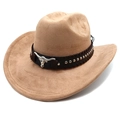 Dettaglio cappello da cowboy in camoscio con cinturino nero e fibbia in metallo longhorn - Cachi / M (56-58cm)