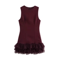 Sleeveless burgundy dress featuring stylish mesh patchwork and a pleated tiered hemline - S / Burgundy