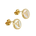 Elegant gold-tone stainless steel stud earrings with white shell inlay and V-shaped motif - Letter V / Gold