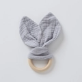 Baby teething ring with grey cotton gauze rabbit ears on natural wooden circle - Smoke