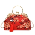 Sac rouge rétro chinois avec broderie florale et bandoulière en perles - Rouge