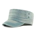 Flat top cadet cap in washed light blue denim with vintage stitching and side vents - Adjustable / Light Blue
