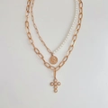 Double-layered gold portrait coin and pearl cross necklace on a white background - Rose Gold (CDL148)