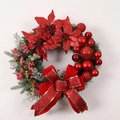 Christmas wreath with red flowers, baubles, pine needles and a large glittery bow - No Light Version