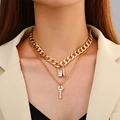 Collier double couche doré à grosse chaîne avec cadenas et pendentif clé LOVE pour femme - Or - Double Rang Chaîne Gourmette Cadenas et Clé (2193)