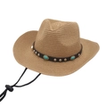 Straw cowboy hat with turquoise stone band and adjustable chin strap for sun protection - One Size / Khaki (Turquoise)