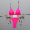 Neonroze tweedelige bikini met luipaardprint koordjes en een hoog uitgesneden top - S / Rozerood